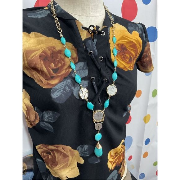 Vintage Chico’s Foreign Coin & Turquoise Necklace Lobster Clasp Unique 36” Adjus - Picture 1 of 14